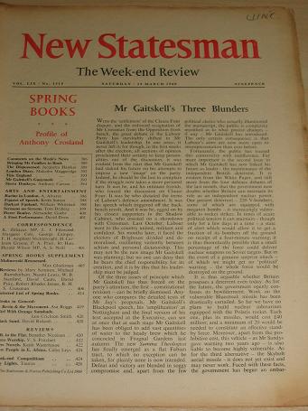 NEW STATESMAN magazine, 19 March 1960 issue for sale. CROSLAND, HAWKES, MUGGERIDGE, CARSON, DRIBERG,