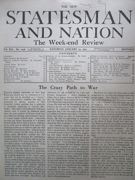 The NEW STATESMAN AND NATION magazine, January 13 1951 issue for sale. WALTER ALLEN. Original Britis