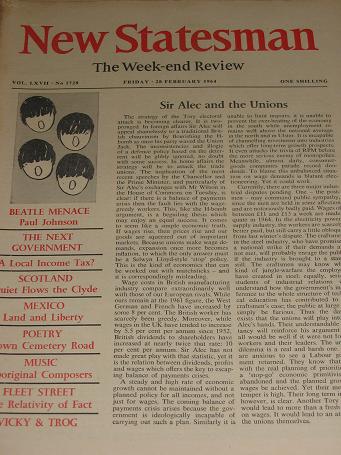 NEW STATESMAN magazine, 28 February 1964. BROPHY, TROG, VICKY, BEATLES. Vintage British LEFT-WING, F