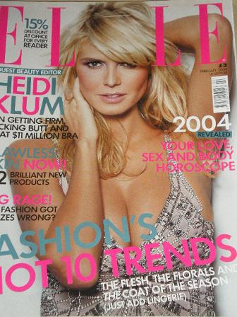 ELLE magazine, February 2004 issue for sale. HEIDI KLUM. Original UK FASHION publication from Tilley