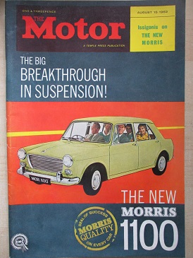 The MOTOR magazine, August 15 1962 issue for sale. MORIS 1100. Original British publication from Til